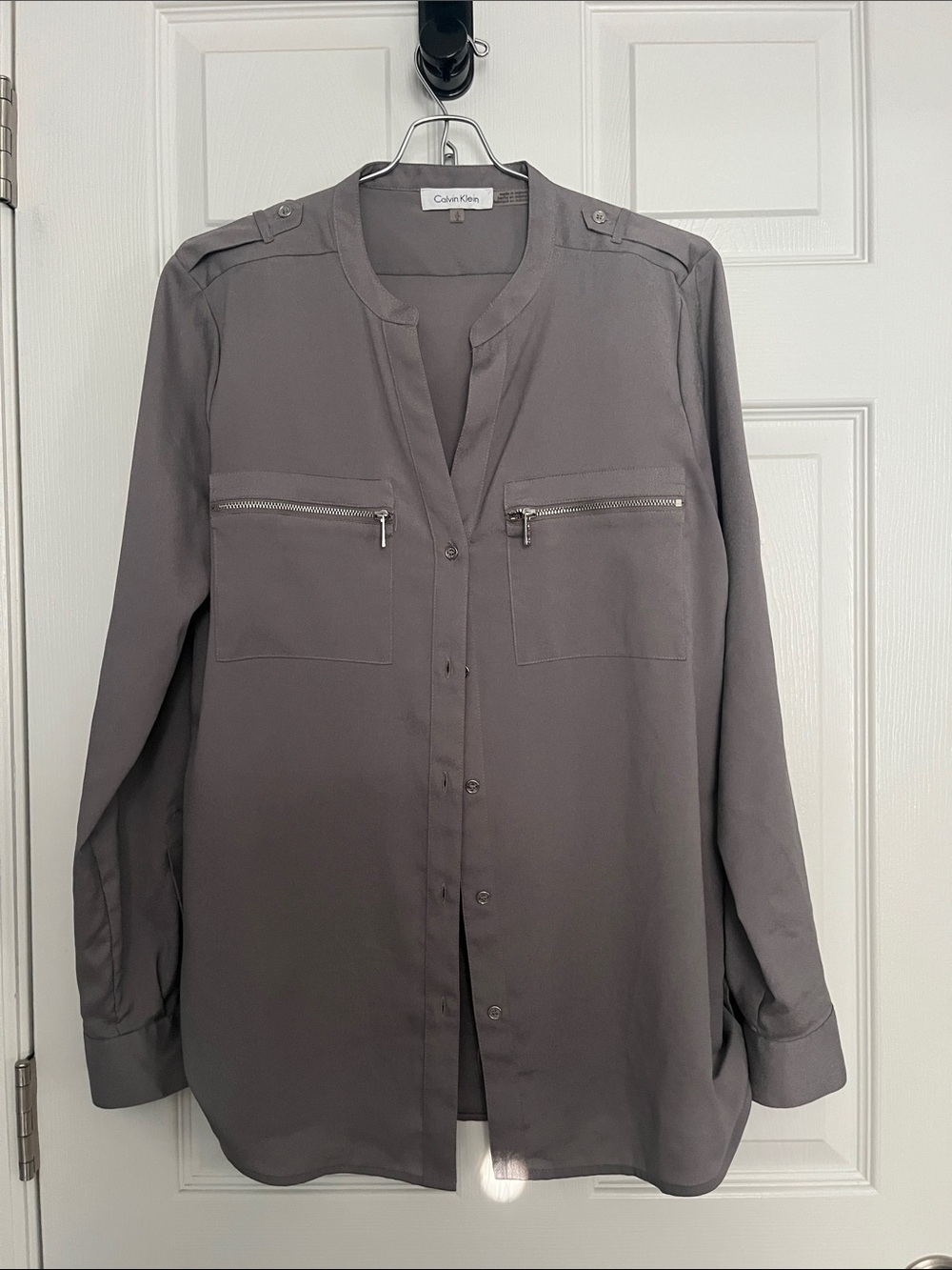 Calvin Klein Men's Gray Long-Sleeve Button-Down with Zip Chest Pockets